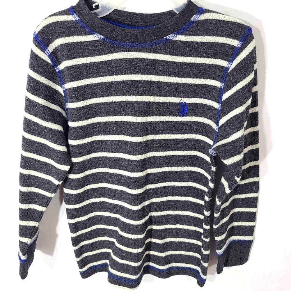 U.S. Polo Assn Boys Childs Kids Shirt Size 5/6 Striped Grey and White Top Casual